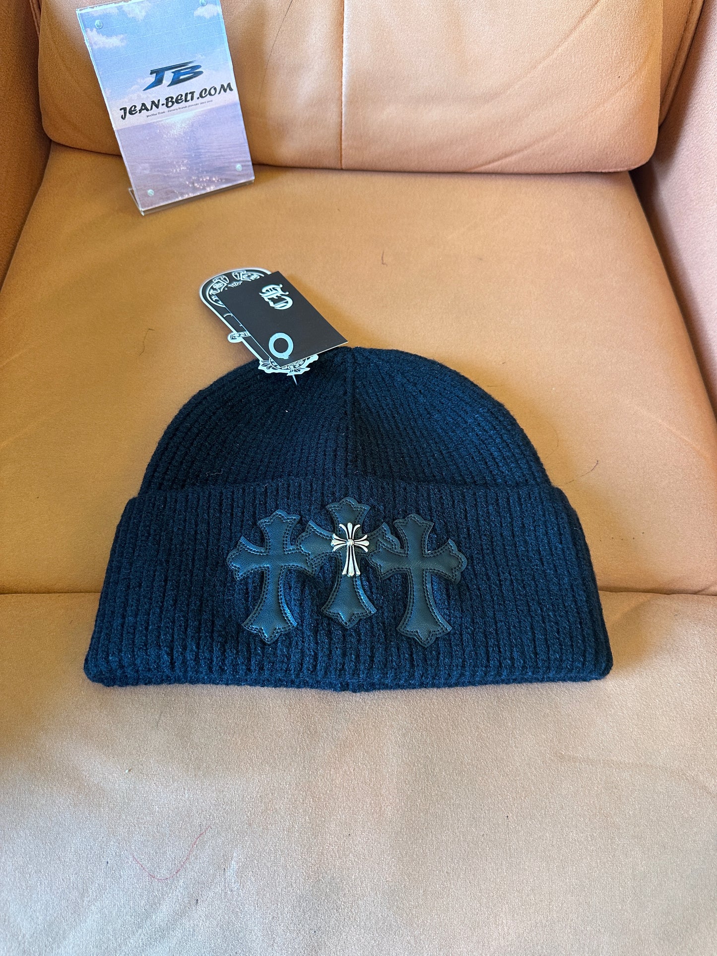 Chrome Hearts Black Wool Beanie with Leather Cross Patches
