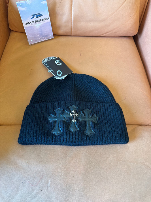 Chrome Hearts Black Wool Beanie with Leather Cross Patches