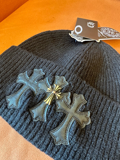 Chrome Hearts Black Wool Beanie with Leather Cross Patches