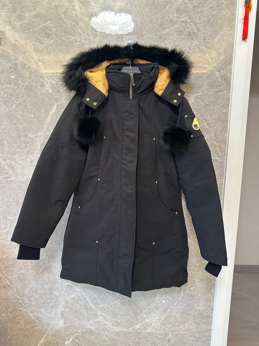 Moose Knuckles Women’s Debbie Parka – Black with Gold Lining and Fur Hood