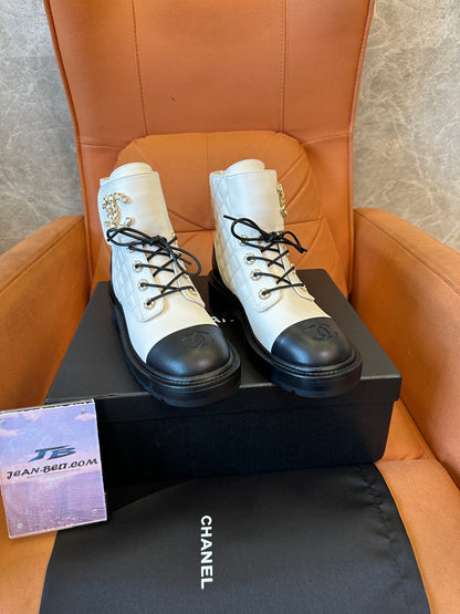 Chanel Chain Embellished Quilted Leather Ankle Boots – White & Black