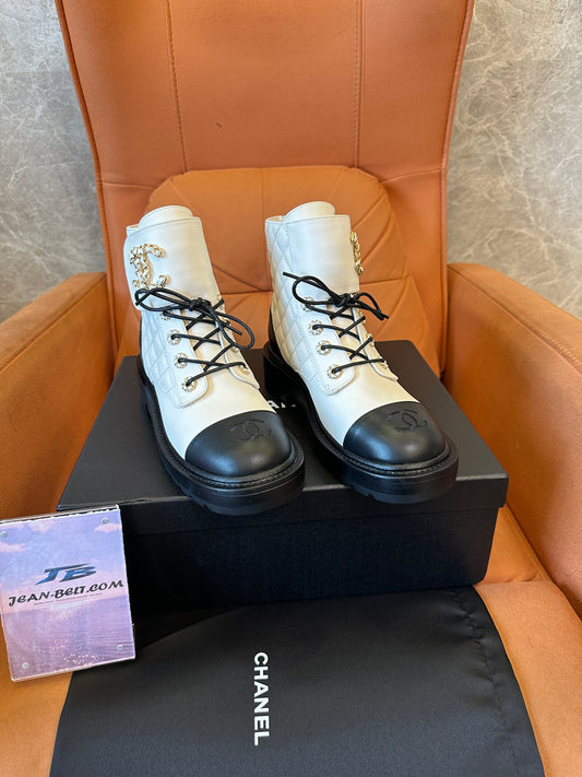 Chanel Chain Embellished Quilted Leather Ankle Boots – White & Black