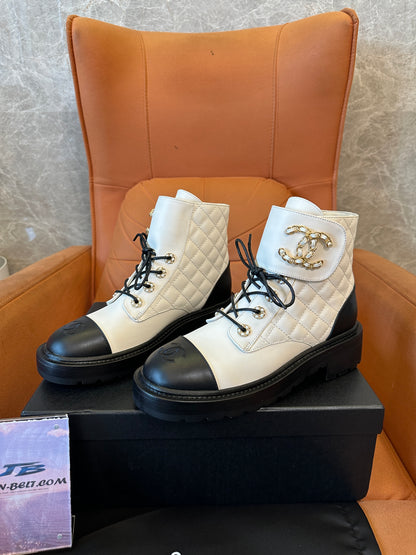 Chanel Chain Embellished Quilted Leather Ankle Boots – White & Black