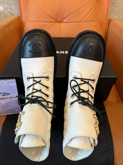 Chanel Chain Embellished Quilted Leather Ankle Boots – White & Black