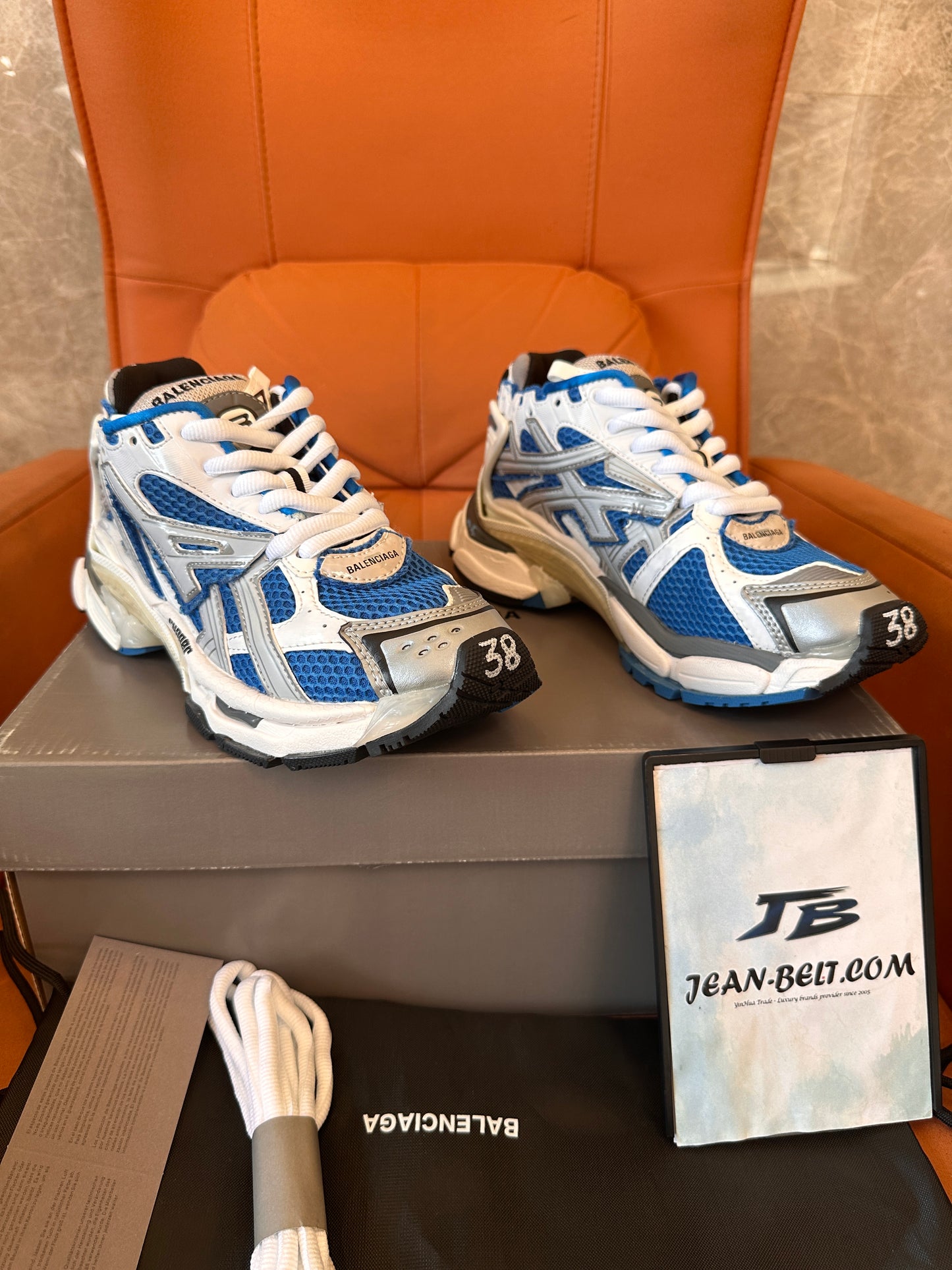 Balenciaga Triple S Sneakers - White, Blue, and Silver Mesh and Leather