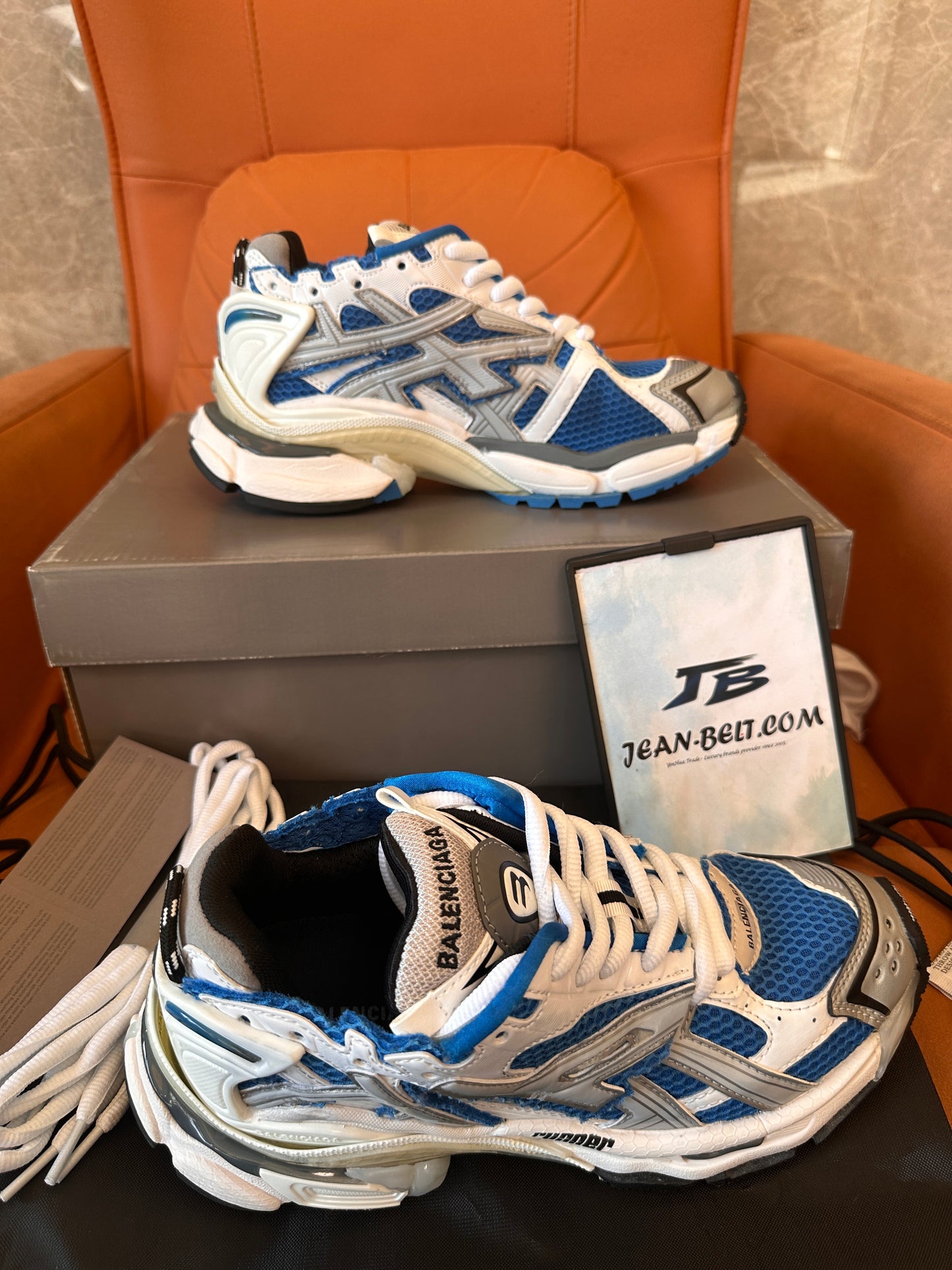 Balenciaga Triple S Sneakers - White, Blue, and Silver Mesh and Leather
