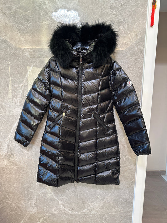 Moncler Black Long Down Coat with Fur Hood