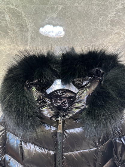 Moncler Black Long Down Coat with Fur Hood