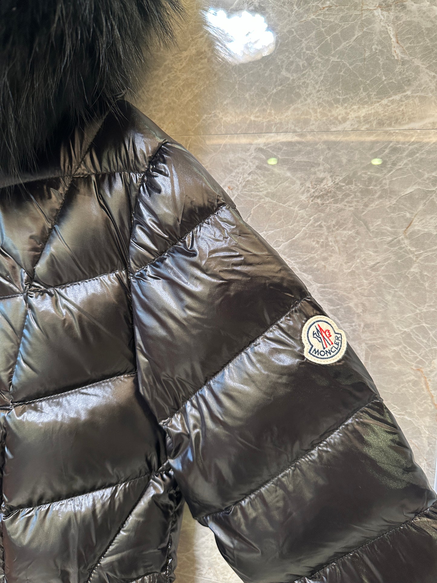 Moncler Black Long Down Coat with Fur Hood