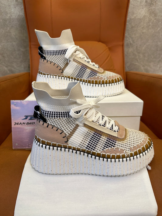 Chloé Nama Beige Knit Platform Sneakers
