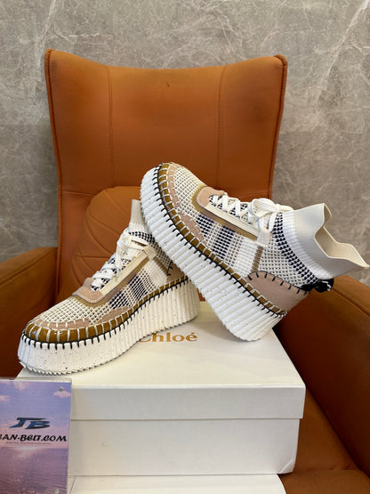 Chloé Nama Beige Knit Platform Sneakers