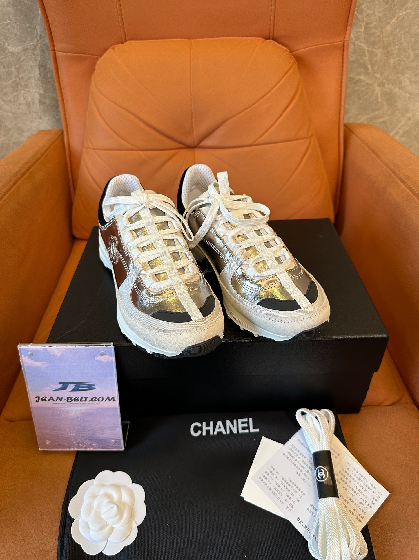Chanel Metallic Panel Sneakers with Signature Logo - White/Black/Silver