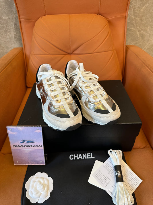 Chanel Metallic Panel Sneakers with Signature Logo - White/Black/Silver