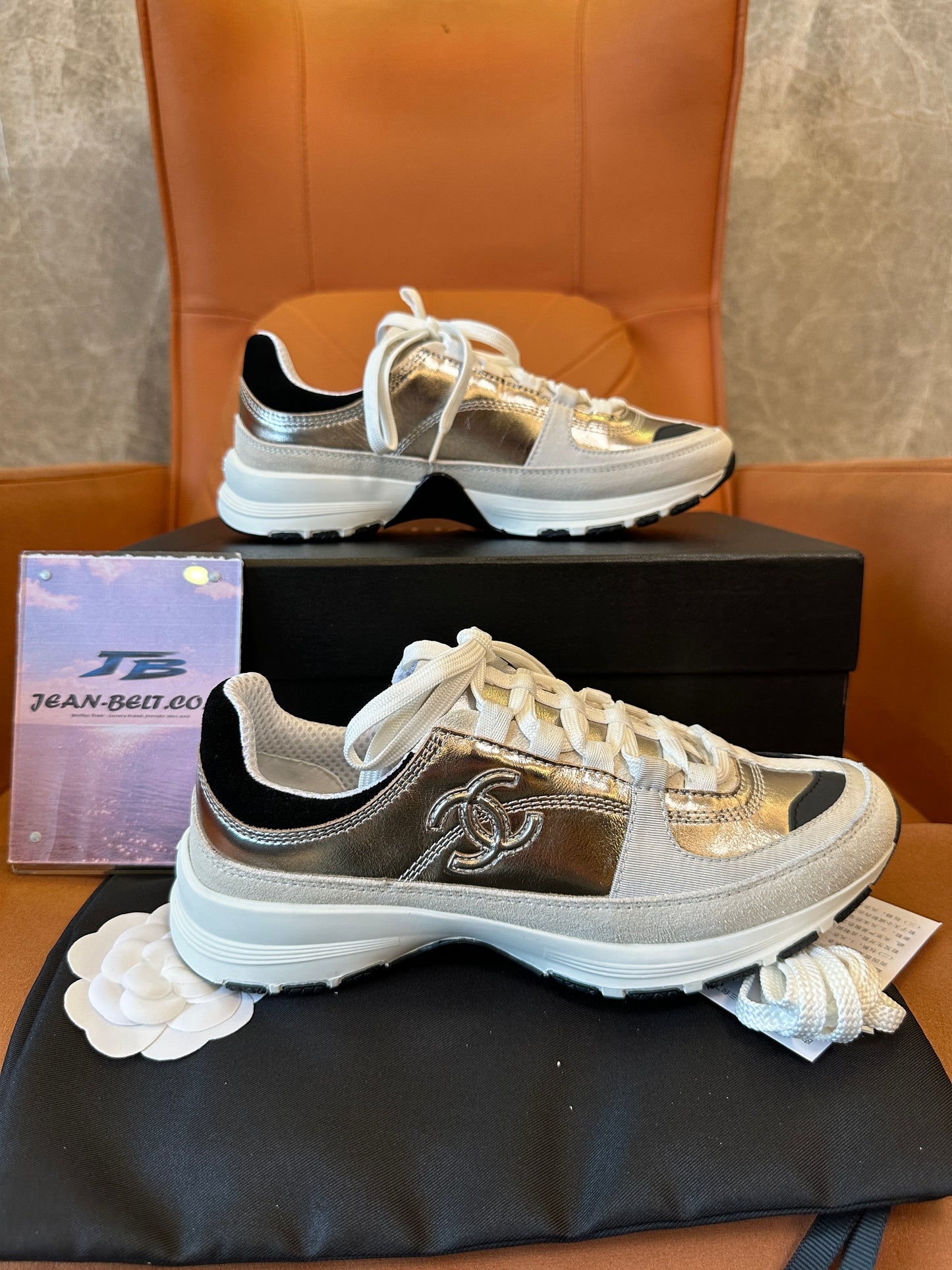 Chanel Metallic Panel Sneakers with Signature Logo - White/Black/Silver