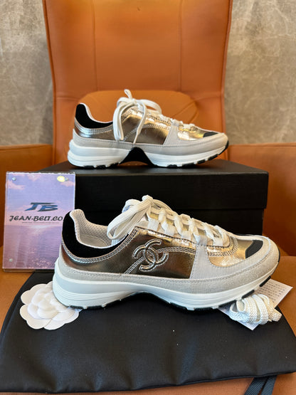 Chanel Metallic Panel Sneakers with Signature Logo - White/Black/Silver