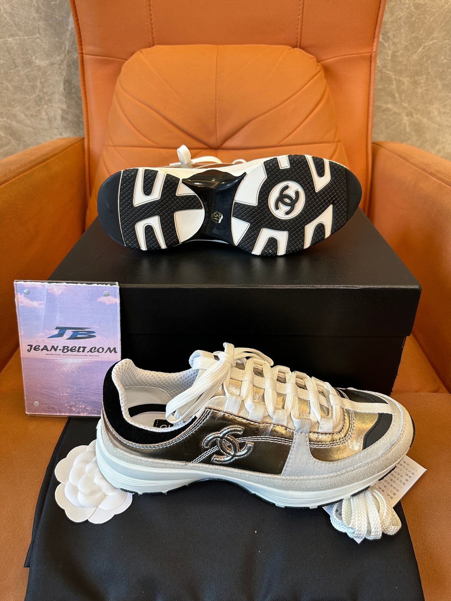 Chanel Metallic Panel Sneakers with Signature Logo - White/Black/Silver