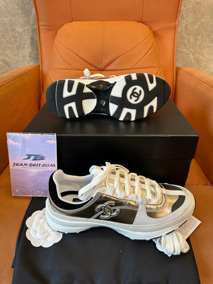 Chanel Metallic Panel Sneakers with Signature Logo - White/Black/Silver