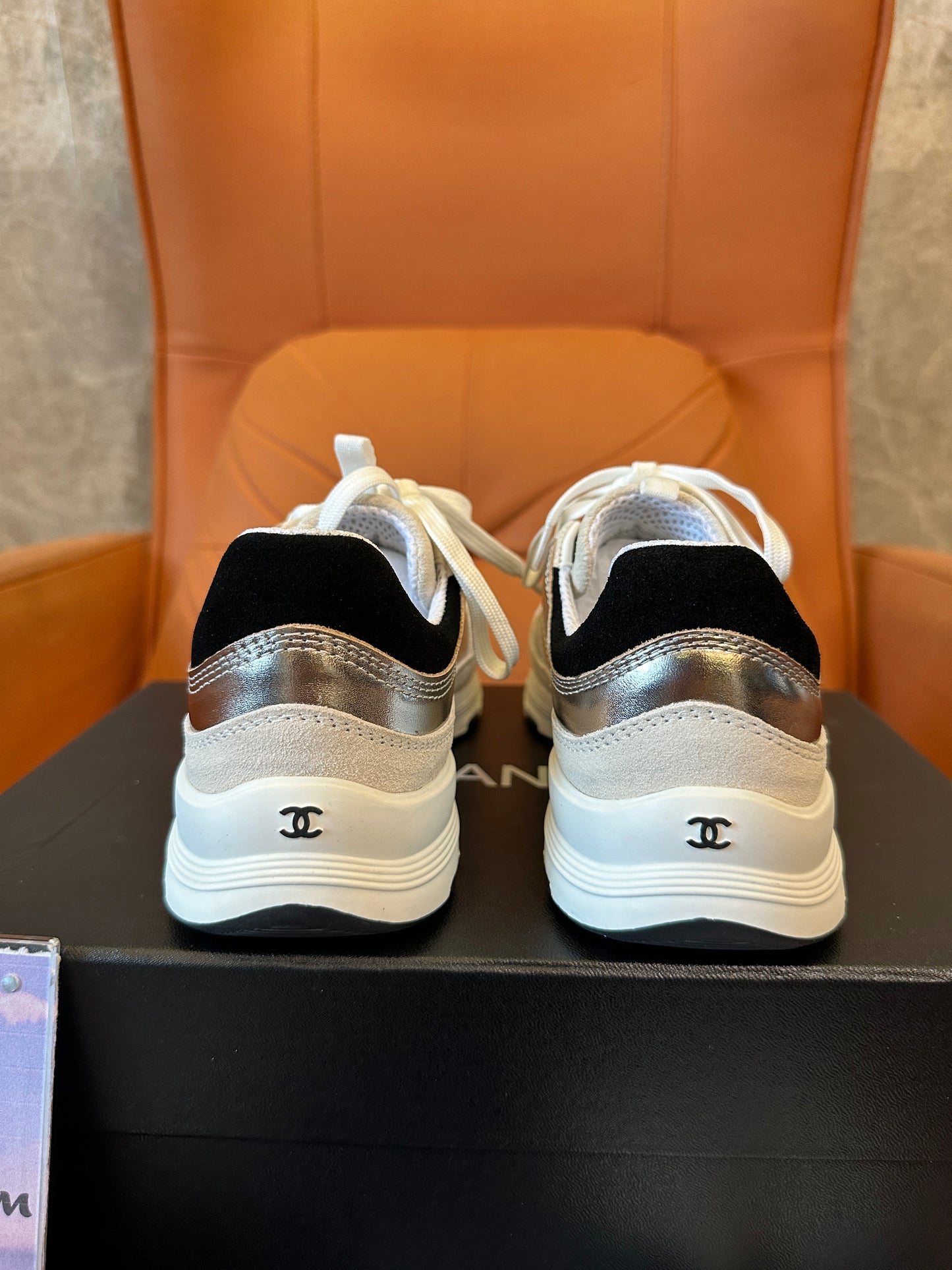 Chanel Metallic Panel Sneakers with Signature Logo - White/Black/Silver