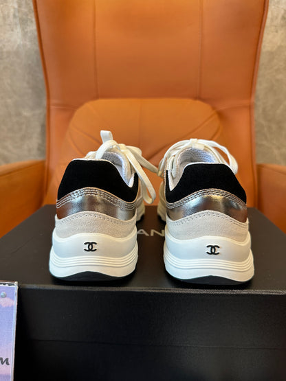 Chanel Metallic Panel Sneakers with Signature Logo - White/Black/Silver