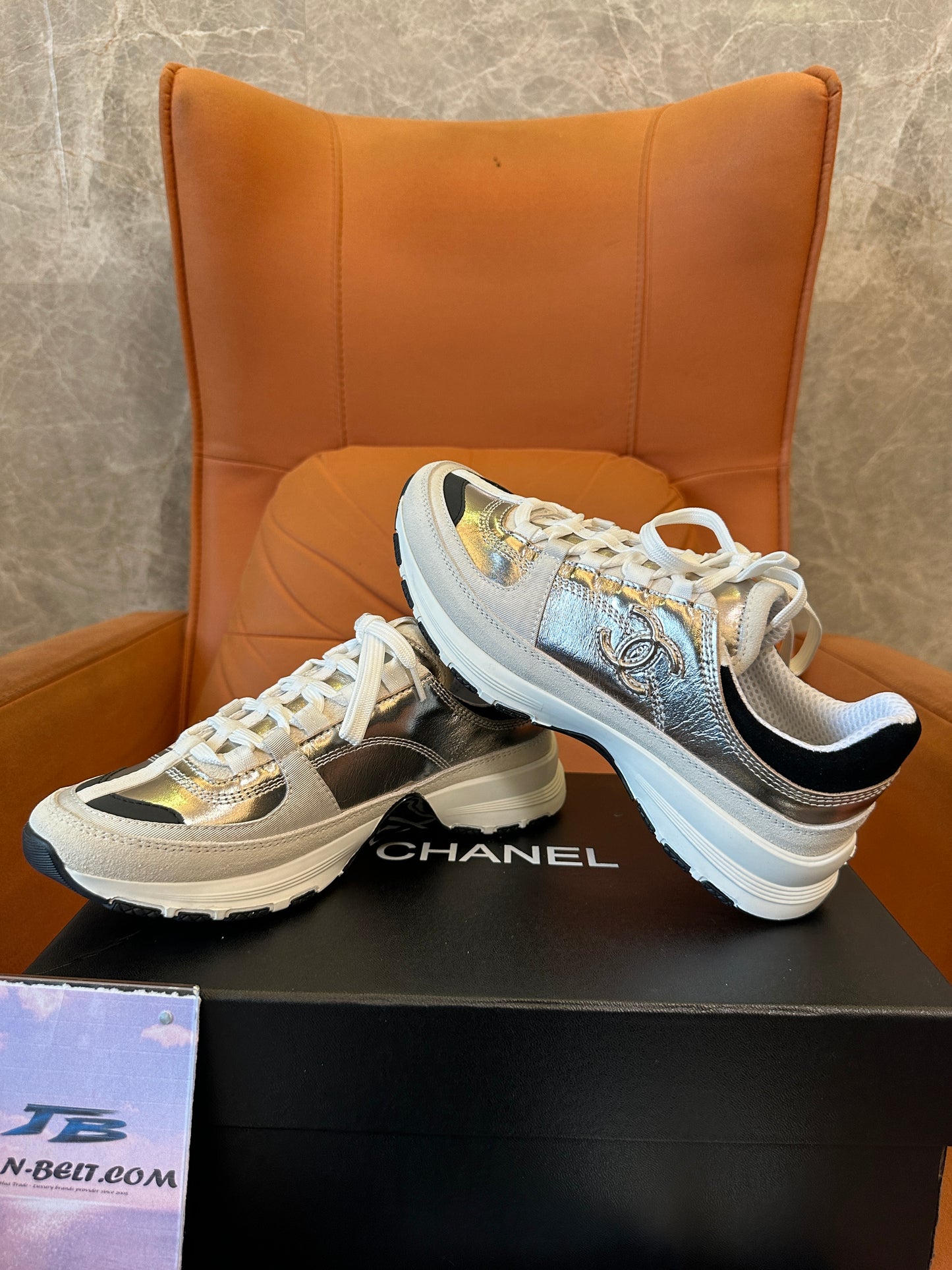 Chanel Metallic Panel Sneakers with Signature Logo - White/Black/Silver