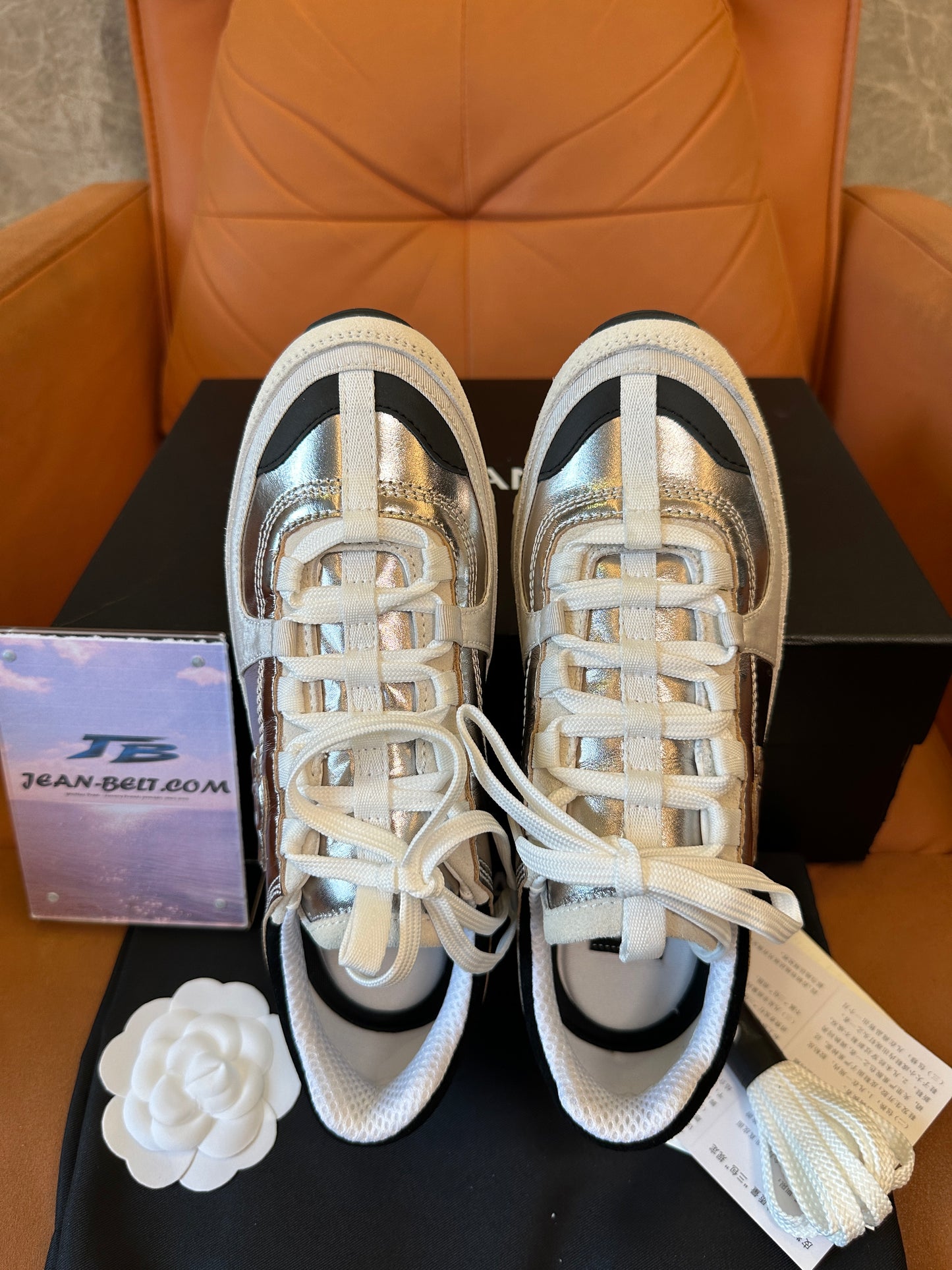 Chanel Metallic Panel Sneakers with Signature Logo - White/Black/Silver