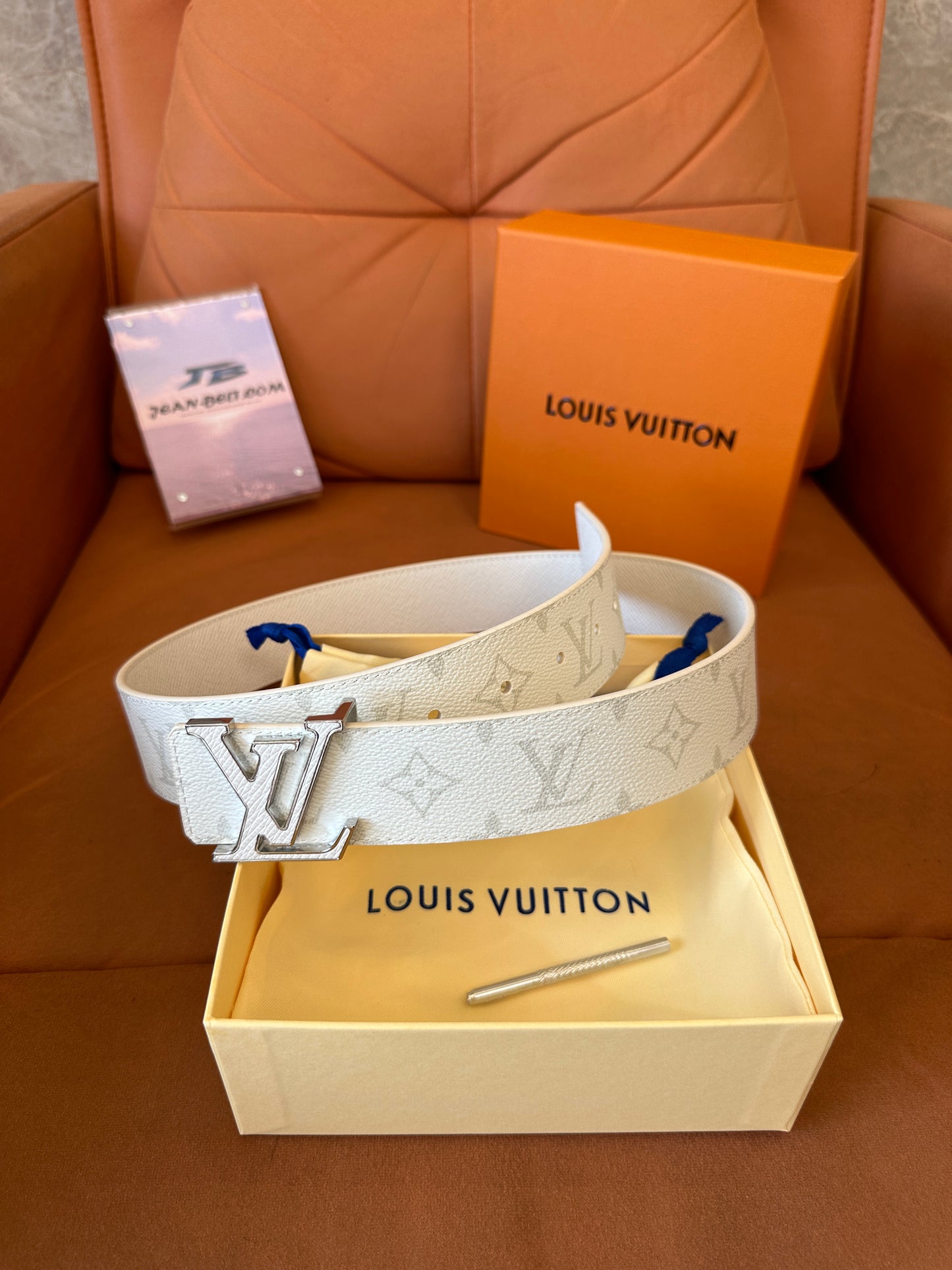 Louis Vuitton White Monogram Belt with Silver LV Buckle