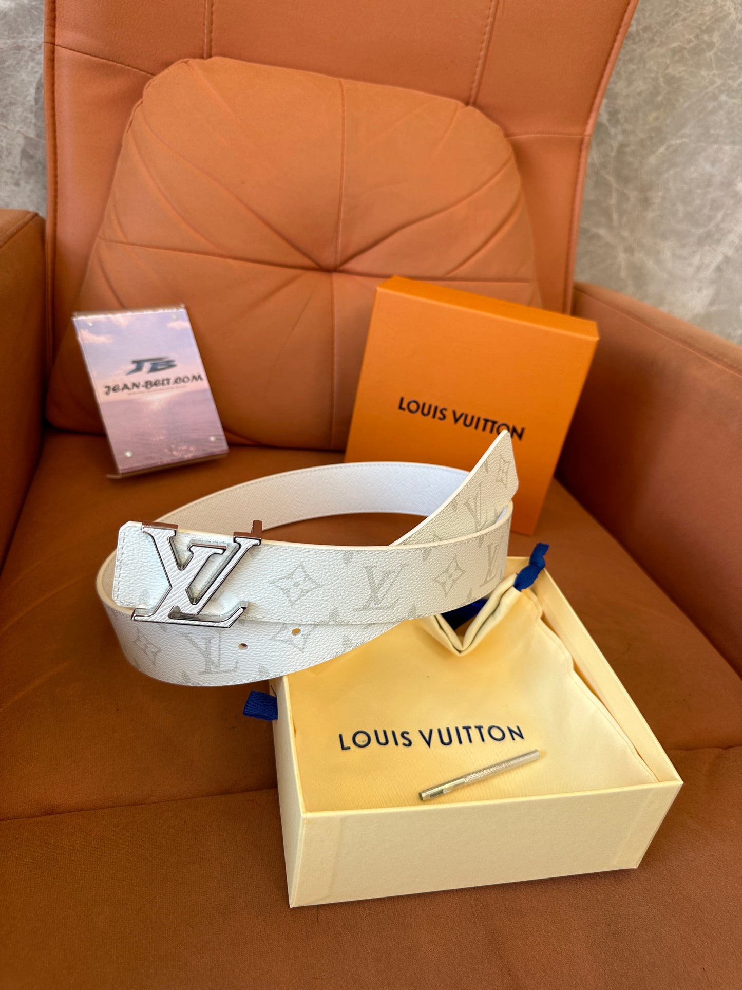Louis Vuitton White Monogram Belt with Silver LV Buckle