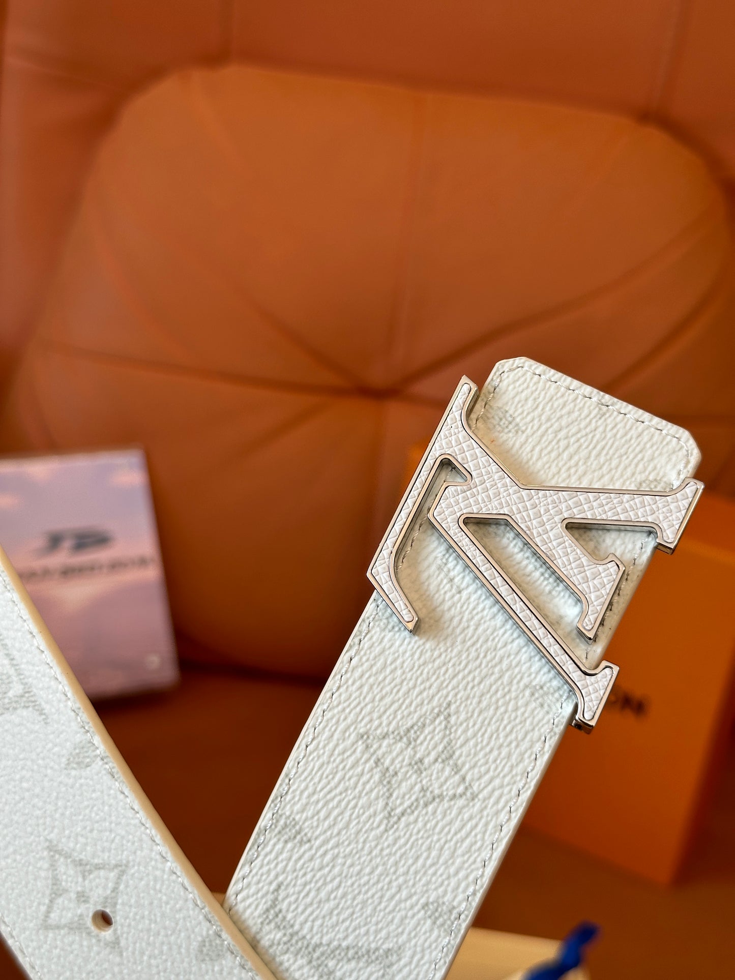 Louis Vuitton White Monogram Belt with Silver LV Buckle