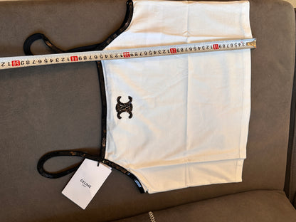 Camisola blanca de Celine Paris con ribete de lentejuelas negras