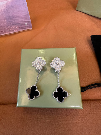 Van Cleef & Arpels Magic Alhambra Drop Earrings – Diamond Pavé & Black Onyx in 18K White Gold