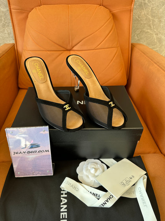 Chanel Mesh Peep-Toe Mules with Transparent Heels – Black & Gold