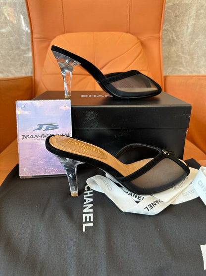 Chanel Mesh Peep-Toe Mules with Transparent Heels – Black & Gold