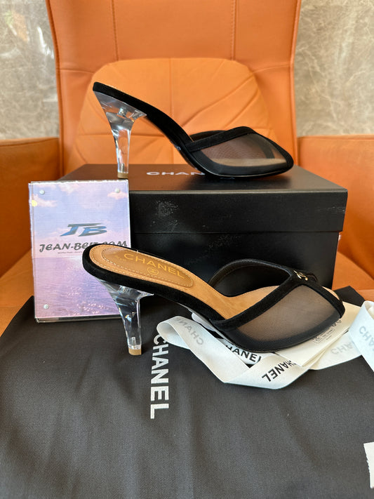 Chanel Mesh Peep-Toe Mules with Transparent Heels – Black & Gold