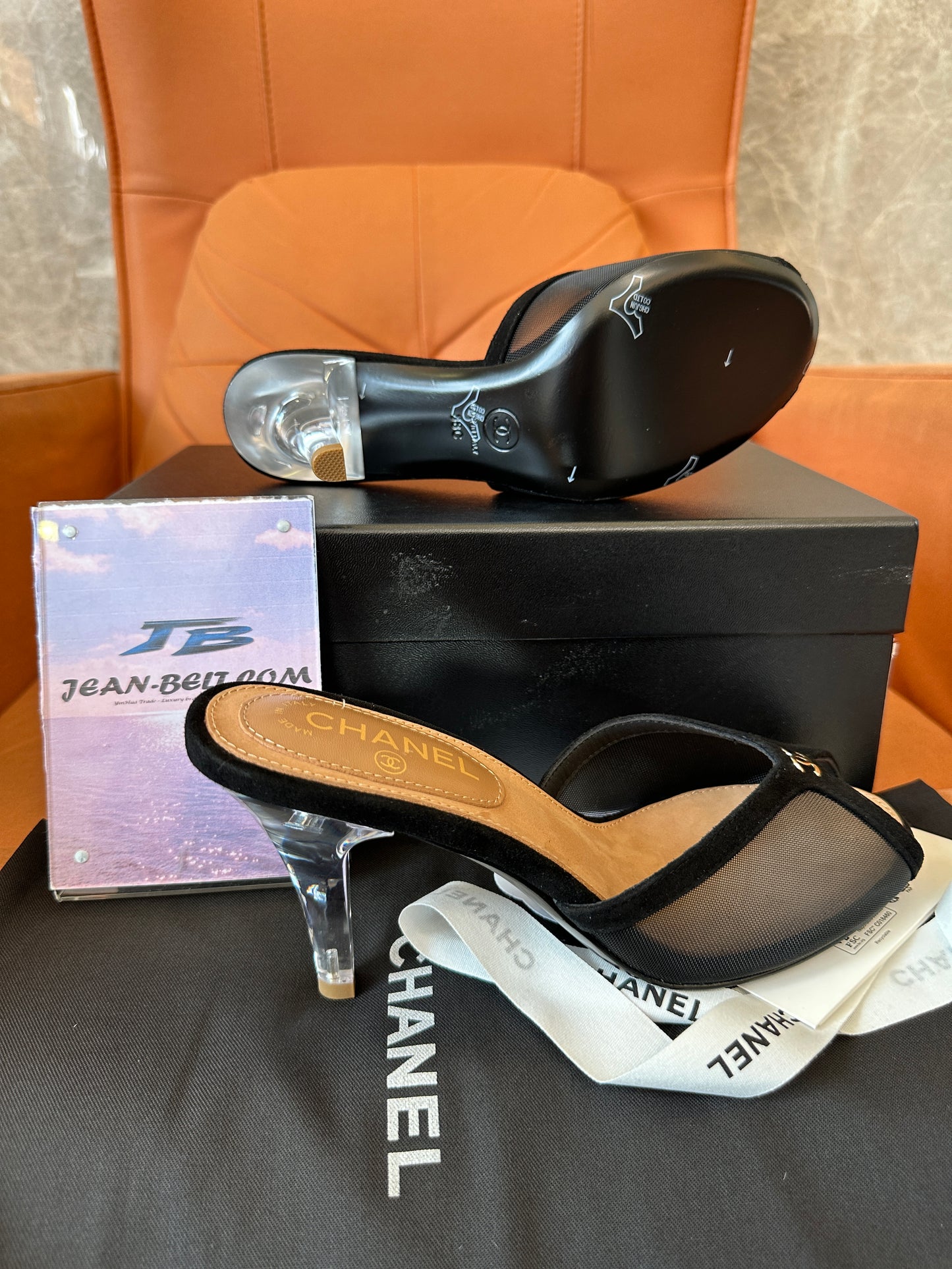 Chanel Mesh Peep-Toe Mules with Transparent Heels – Black & Gold