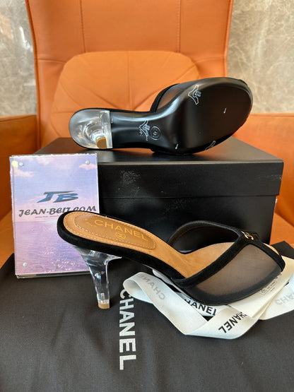 Chanel Mesh Peep-Toe Mules with Transparent Heels – Black & Gold