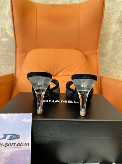 Chanel Mesh Peep-Toe Mules with Transparent Heels – Black & Gold