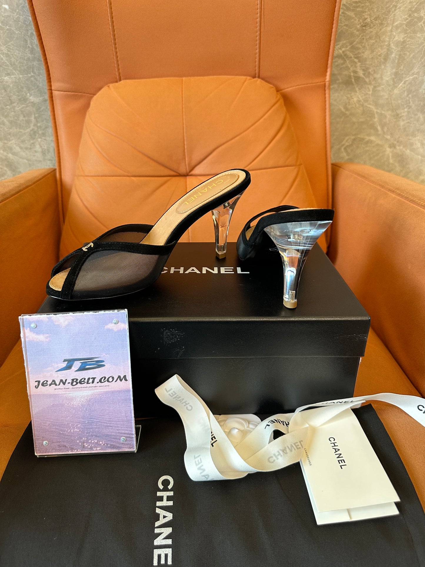 Chanel Mesh Peep-Toe Mules with Transparent Heels – Black & Gold