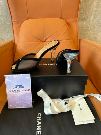 Chanel Mesh Peep-Toe Mules with Transparent Heels – Black & Gold