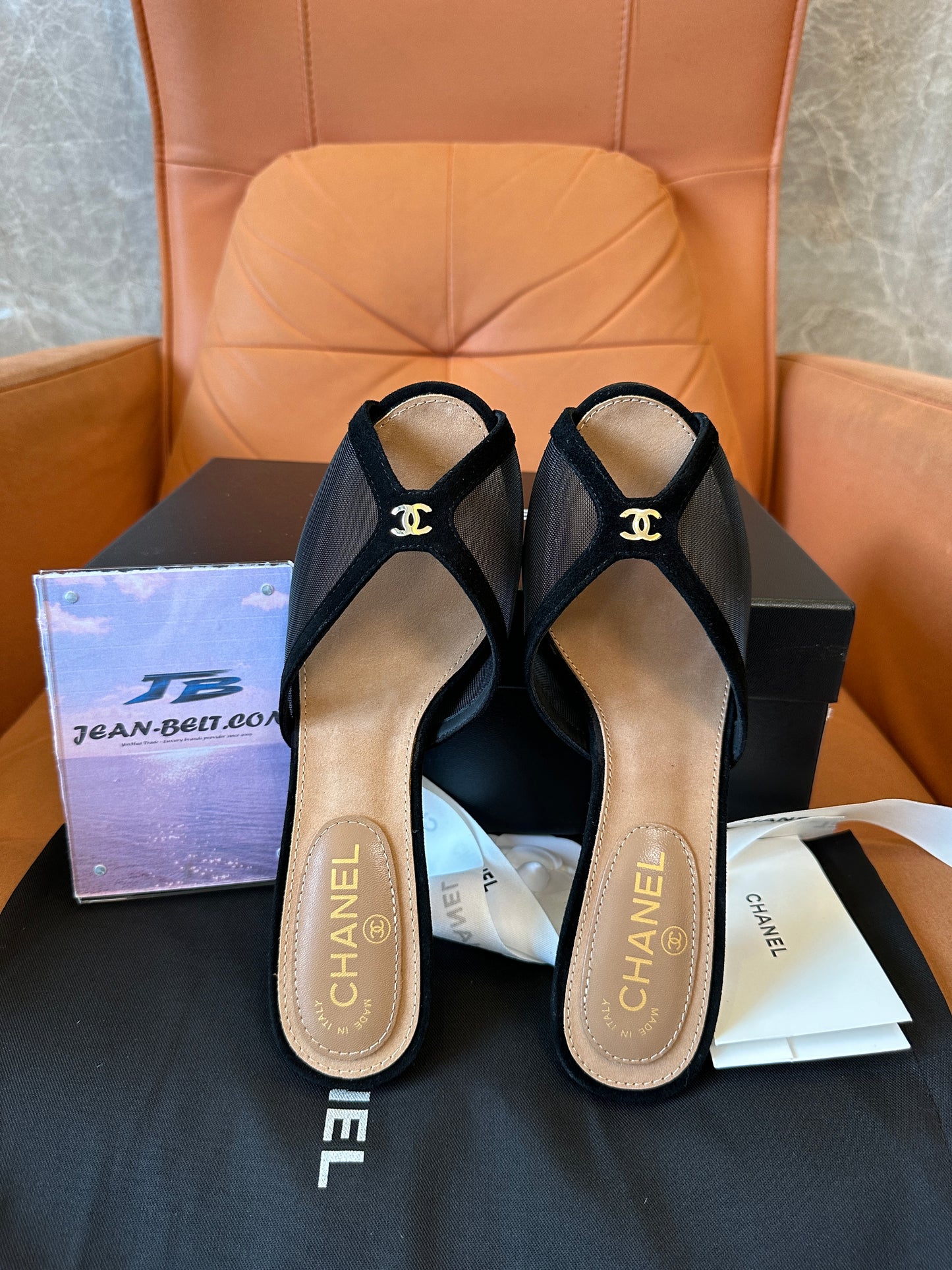 Chanel Mesh Peep-Toe Mules with Transparent Heels – Black & Gold
