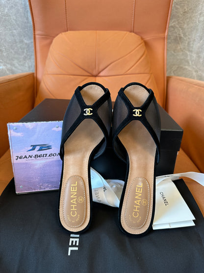 Chanel Mesh Peep-Toe Mules with Transparent Heels – Black & Gold
