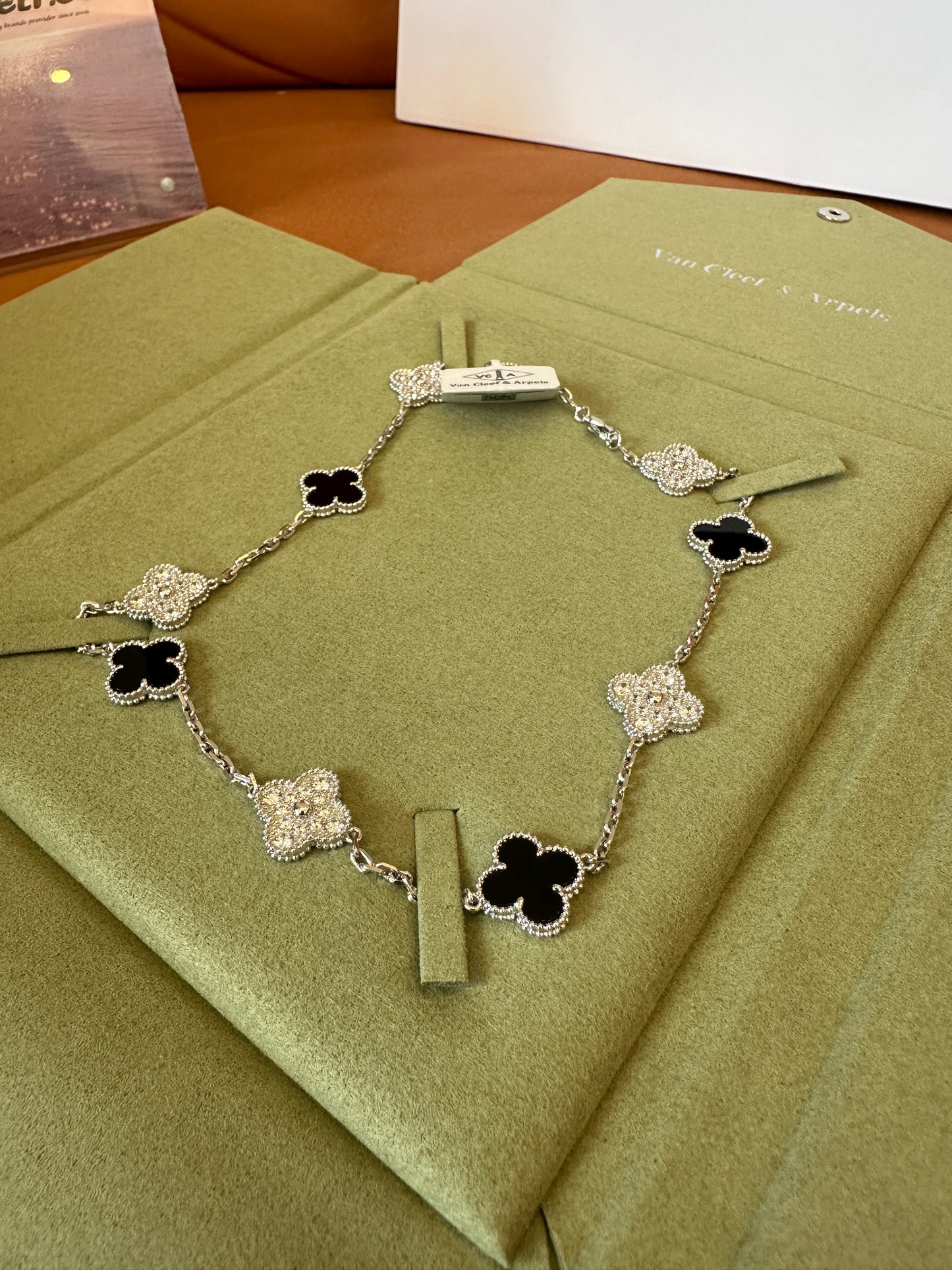 Van Cleef & Arpels Vintage Alhambra Necklace – Onyx & Diamond Motif, White Gold