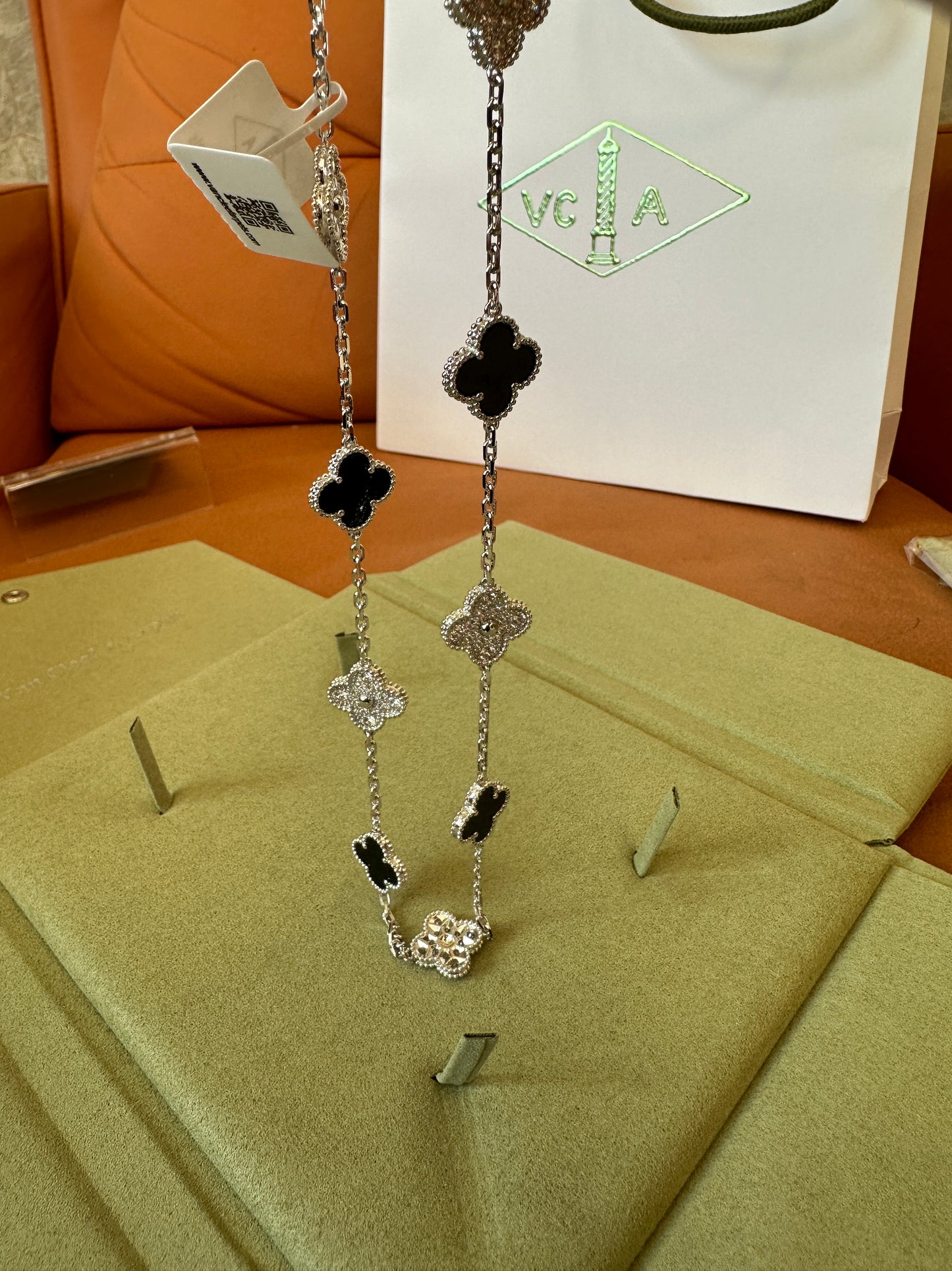 Van Cleef & Arpels Vintage Alhambra Necklace – Onyx & Diamond Motif, White Gold