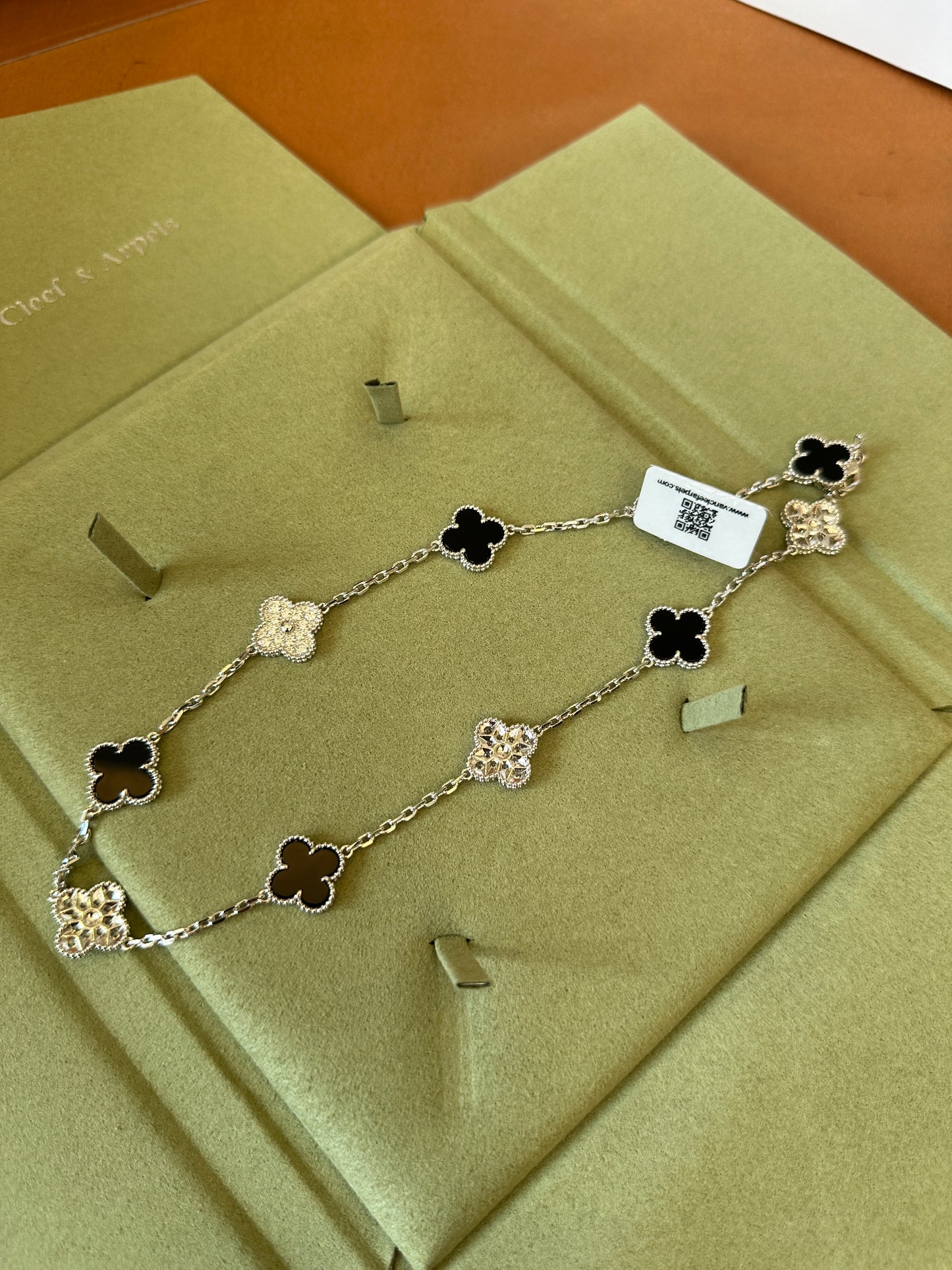 Van Cleef & Arpels Vintage Alhambra Necklace – Onyx & Diamond Motif, White Gold