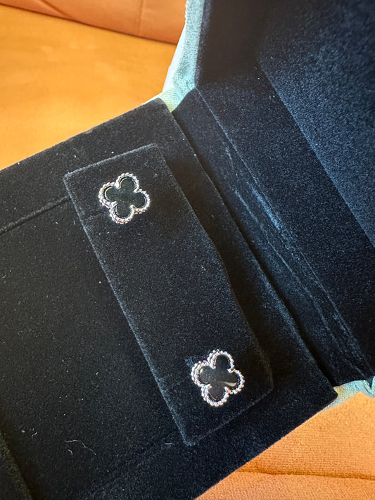 Van Cleef & Arpels Mini Alhambra Black Onyx Earrings in 18K White Gold