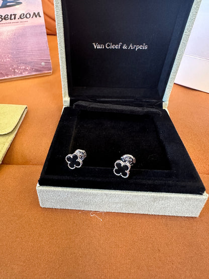 Van Cleef & Arpels Mini Alhambra Black Onyx Earrings in 18K White Gold