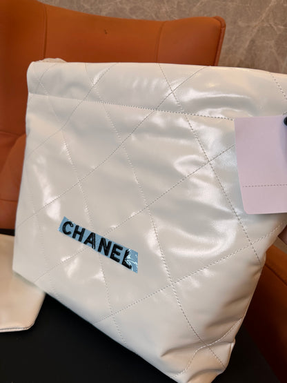 Chanel White Quilted Tote Bag – Luxury Patent Leather Shopping Bag