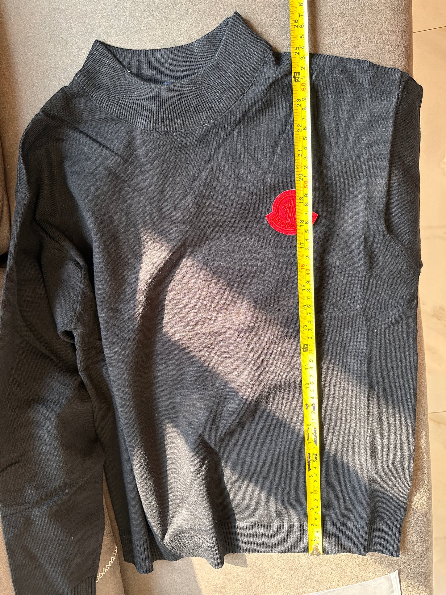 Moncler Men's Black Knit Sweater with Red Logo Patch