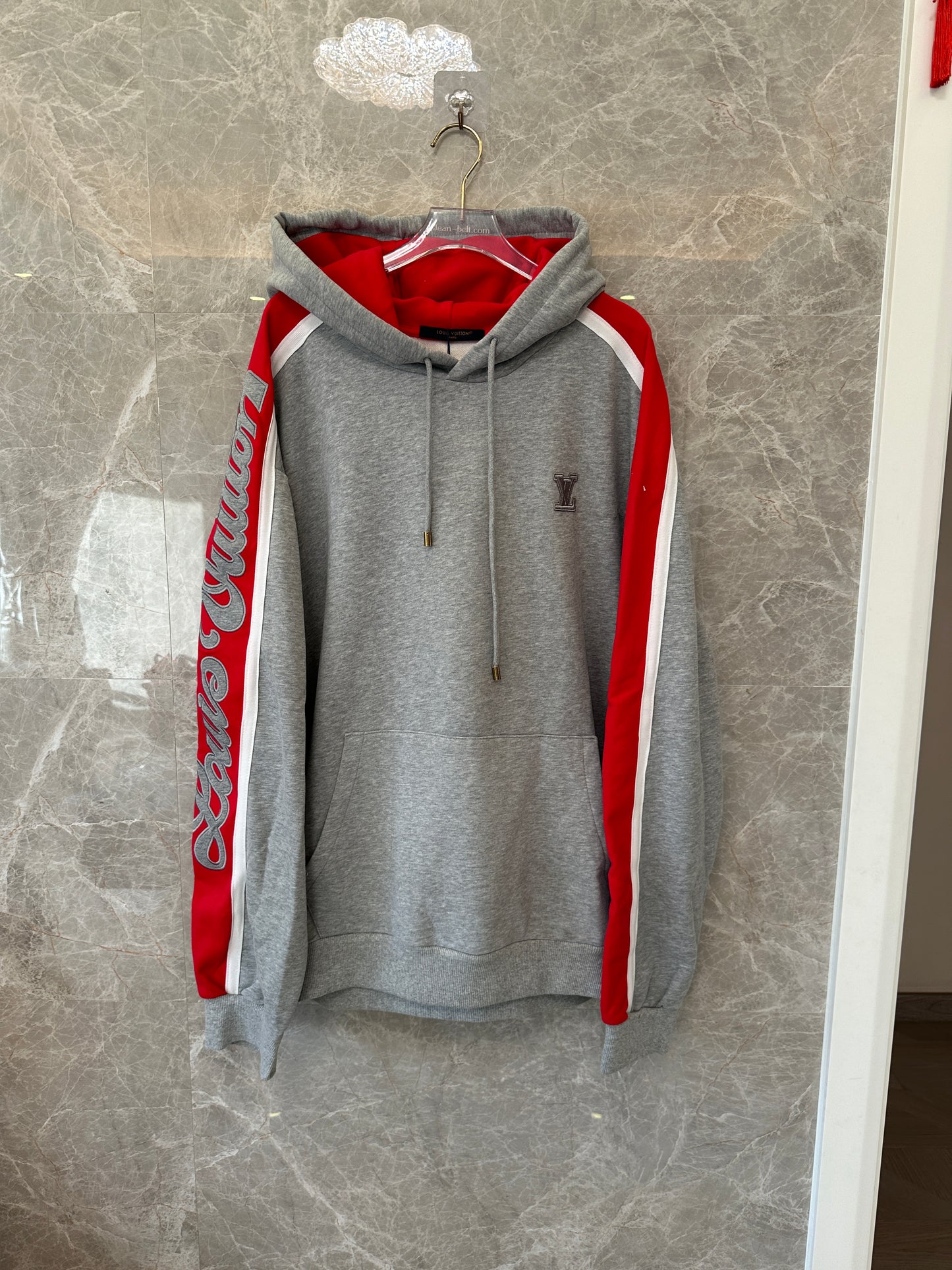 Louis Vuitton Grey & Red Logo Stripe Contrast Hoodie