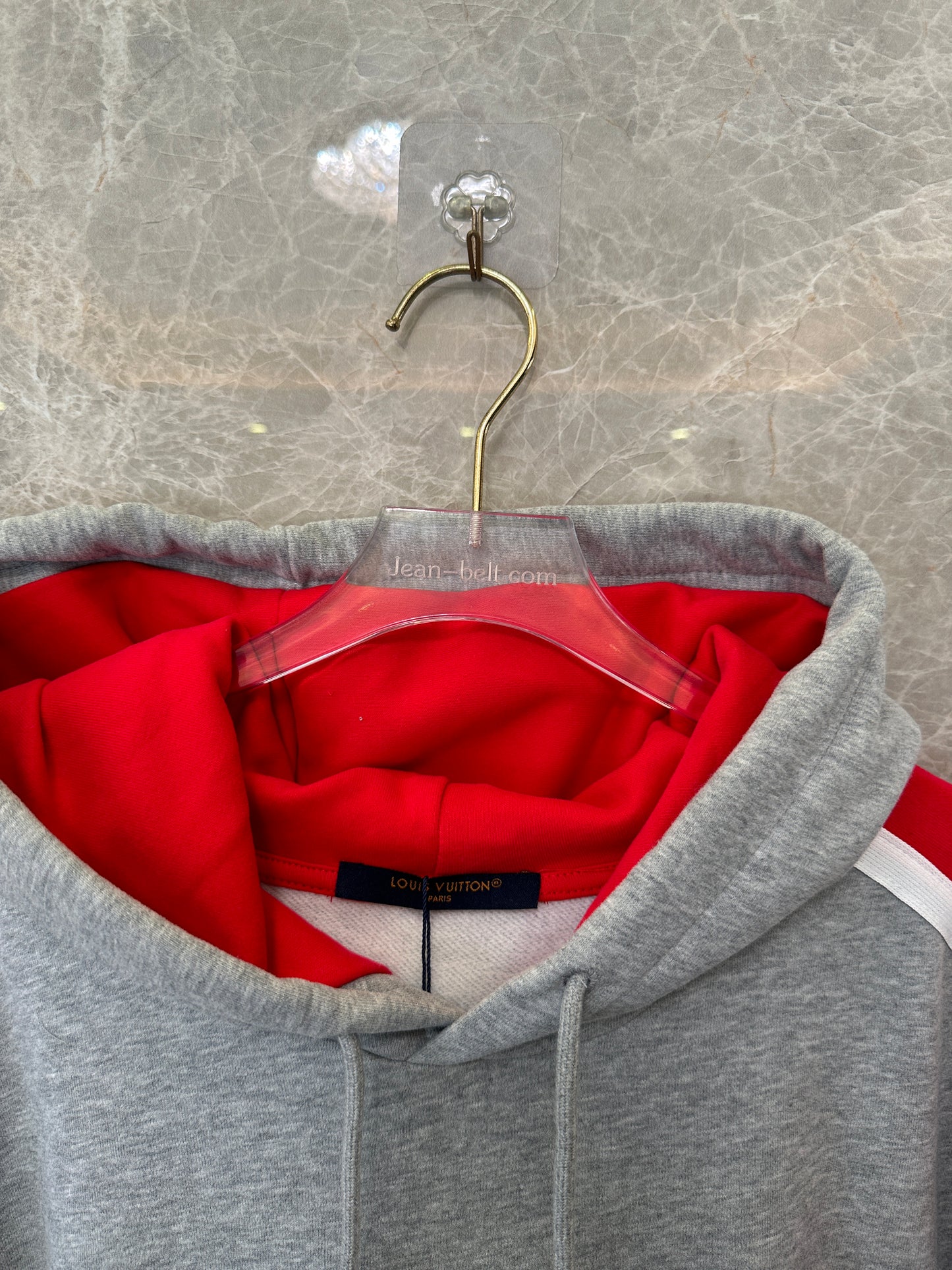 Louis Vuitton Grey & Red Logo Stripe Contrast Hoodie