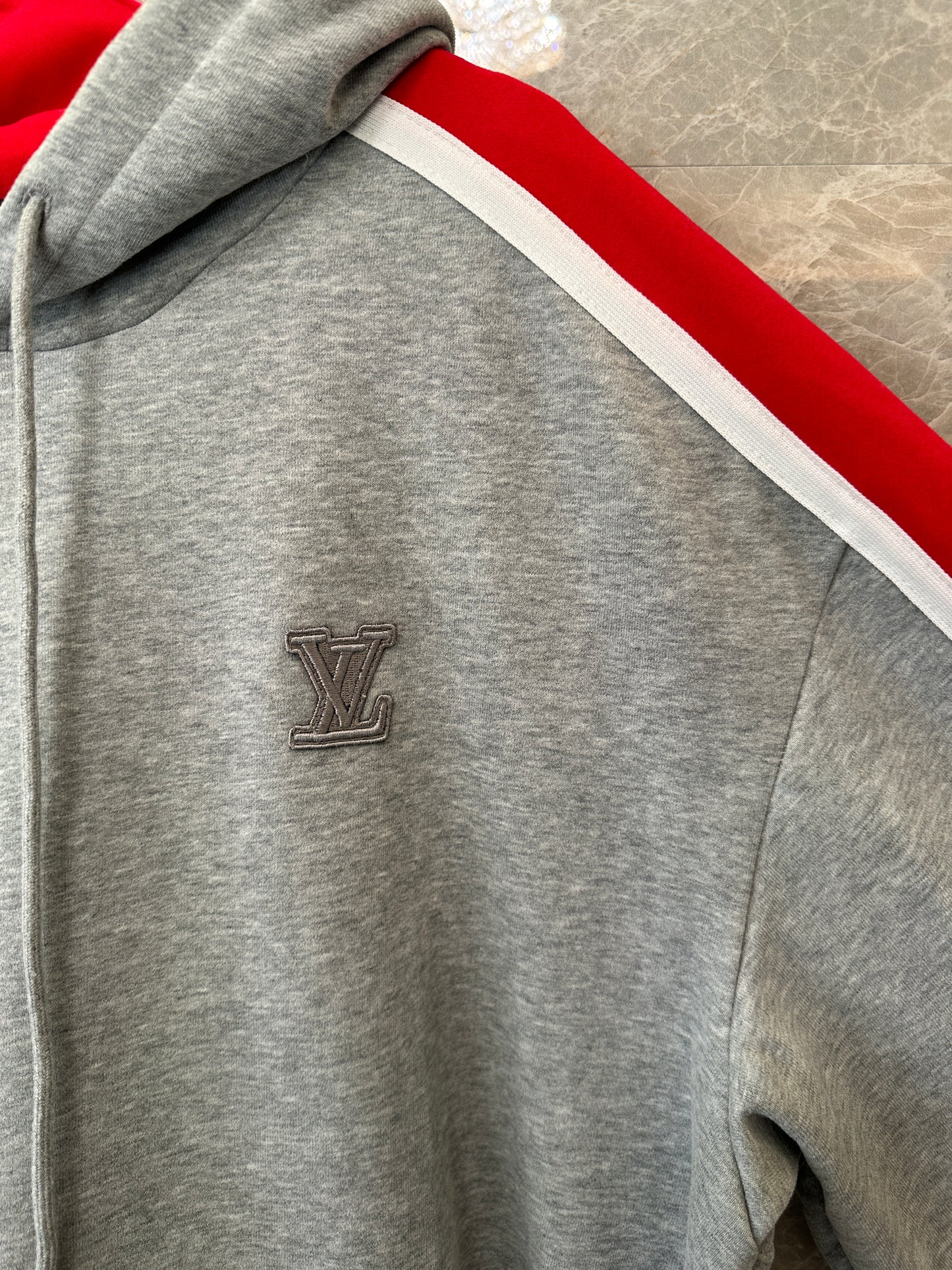 Louis Vuitton Grey & Red Logo Stripe Contrast Hoodie